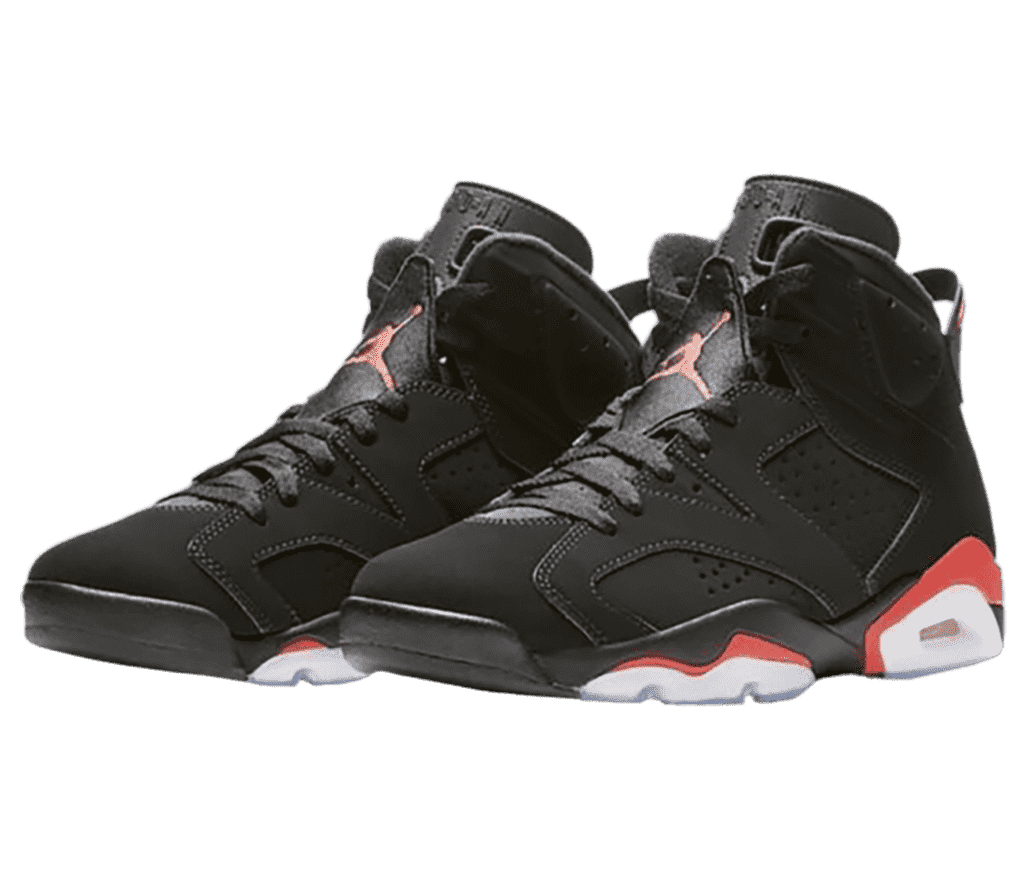 A black suede and leather pair of Jordan 6 “Infrared” sneakers with red and white details on the midsoles.