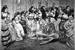 black and white drawing of people dancing in couples at a ball, circa 1800s