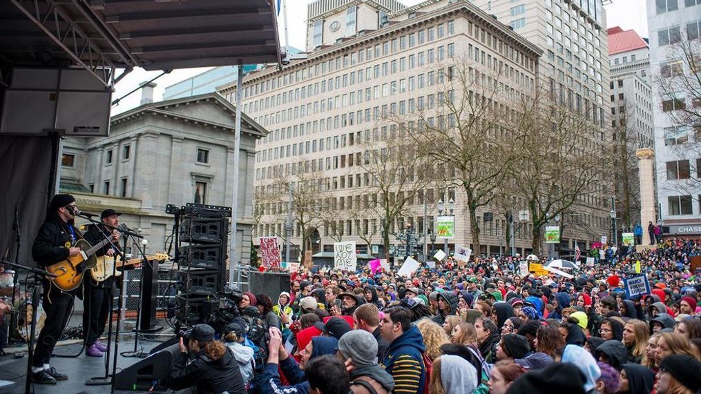 The "March For Our Lives" rally in Portland's Pioneer Square was capped off by a performance from Portugal. the Man, and featured special appearances by Black Thought of The Roots and the Vernon Elementary School Choir. (KATU photo by Tristan Fortsch, KATU News on March 24, 2018)