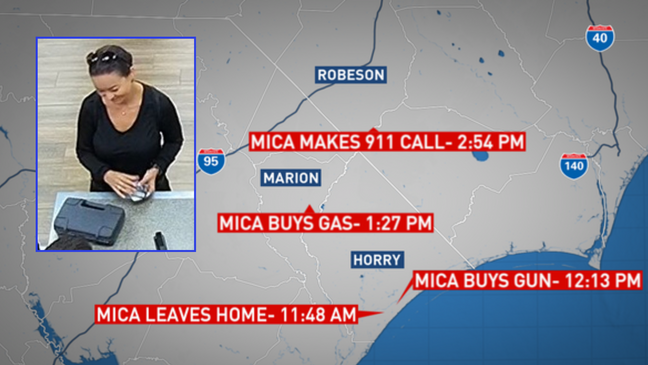 Timeline map of Mica Miller's whereabouts the day she died by suicide at Lumber River State Park on April 27, 2024. (Credit: WPDE)