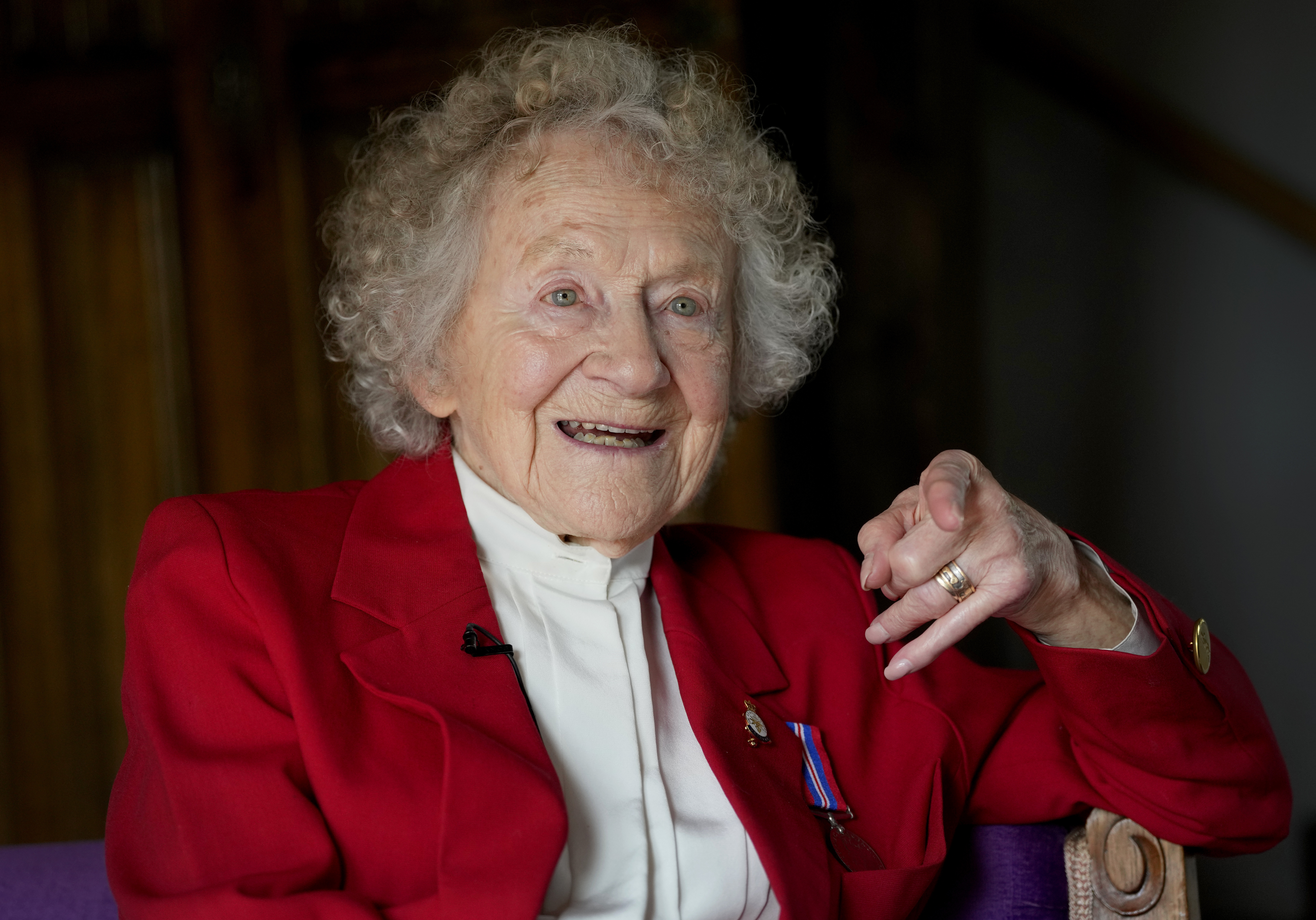Dorothea Barron who was a serving Wren at the time of D-Day is interviewed at her home near Sawbridgeworth, in England, Tuesday, May 7, 2024. D-Day, took place on June 6, 1944, the invasion of the beaches at Normandy in France by Allied forces during World War II. (AP Photo/Kirsty Wigglesworth)