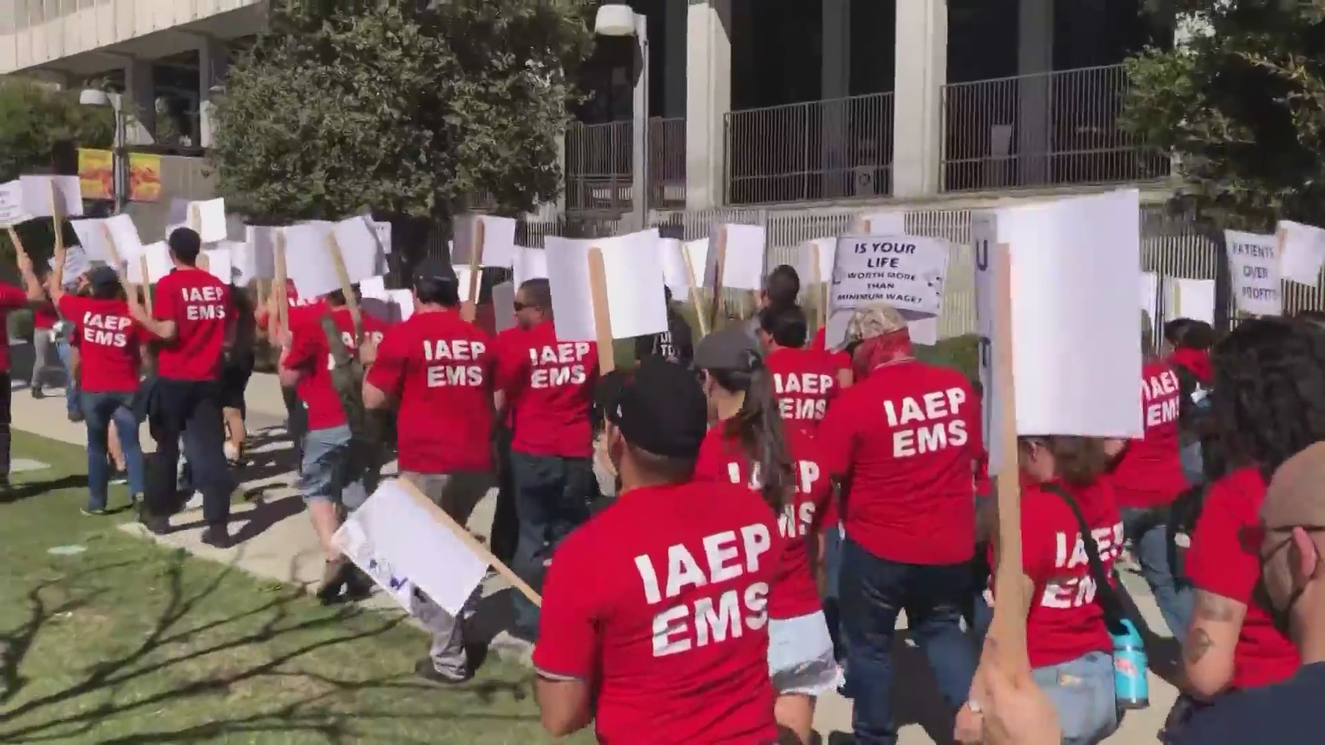 EMT workers wage a protest in downtown L.A. on Feb. 28, 2022. (KTLA)
