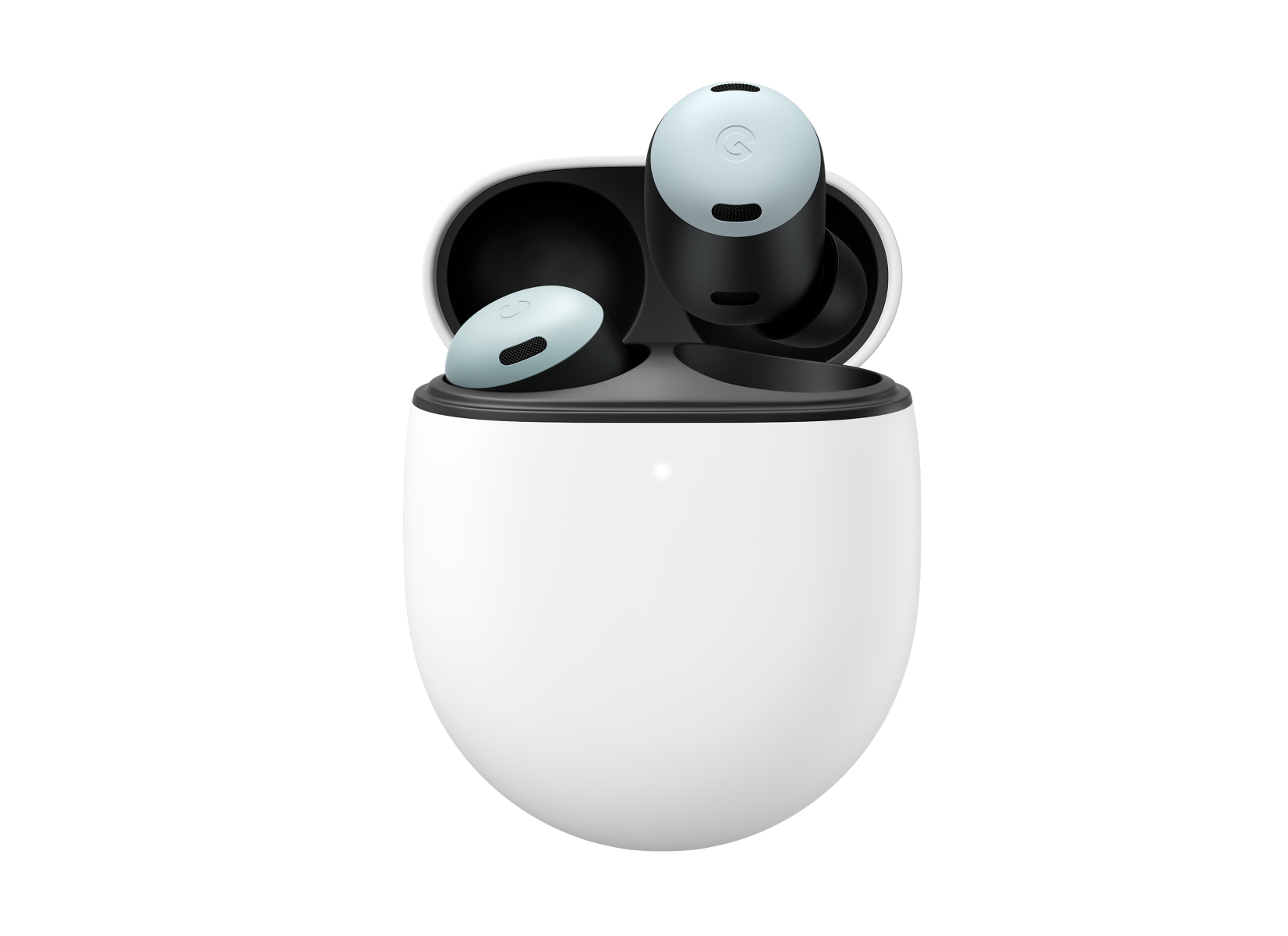 A pair of Pixel Buds Pro in Fog, with one earbud tucked in the case and one floating above it