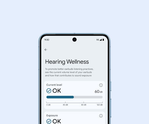 A Pixel phone with the Pixel Buds app open to view insights for hearing wellness