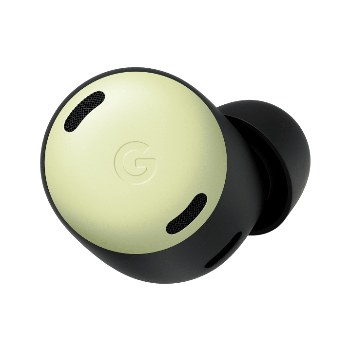Front-view of a Pixel Buds Pro earbud in Lemongrass