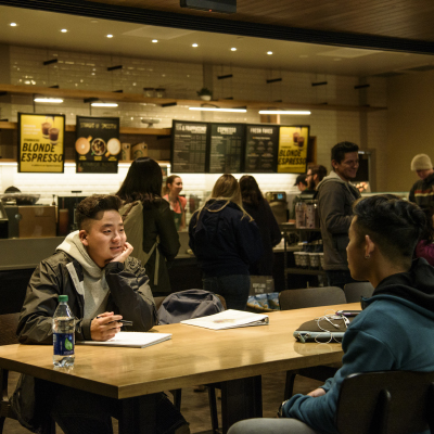 image of students at the Starbucks inside Payson Library