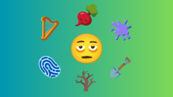 new emojis: Face With Bags Under Eyes  Fingerprint  Leafless Tree  Root Vegetable  Harp  Shovel  Splatter  Flag: Sark