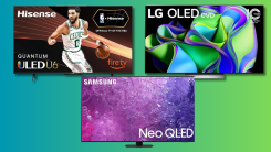 LG C3 Series OLED evo, Hisense 50-Inch Class U6HF Series, and SAMSUNG 55-Inch Class Neo QLED on a teal and green gradient background.