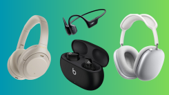 Sony, Beats, Apple, and Shokz headphones on a teal and green gradient background.