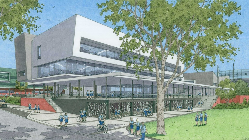An artist's impression of the north side of the planned Inner City College in Subiaco, showing a multi-storey grey building.