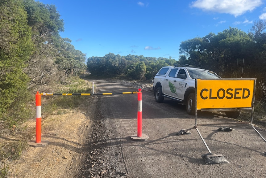 A dirt road barred by high vis markers and a sign saying 'closed'