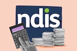 A graphic image showing the NDIS logo, a hand on a calculator, and stacks of folders.