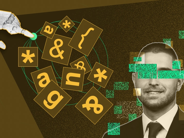 A stylised image of a partially obscured man's face with scrabble-style tiles flying towards him