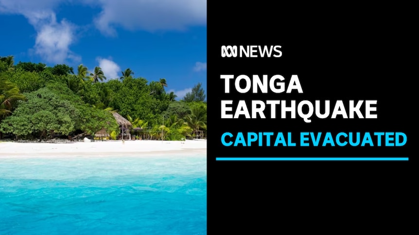 Tonga Tsunami, Capital Evacuated: Shot of Tongan island with blue water and blue skies. 
