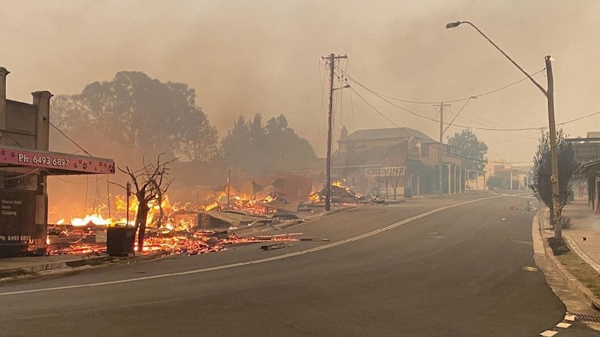 stores burning on a main regional town