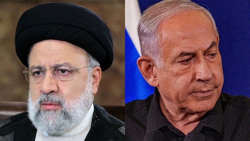 A split image shows Ebrahim Raisi with light grey beard and rimless glasses, Benjamin Netanyahu wearing black shirt