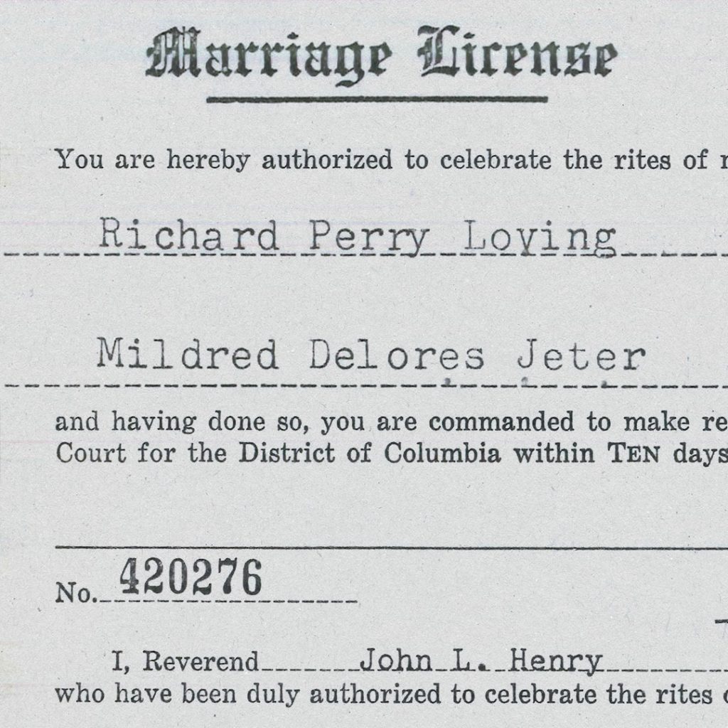 A cropped and edited version of the marriage license document for Richard Perry Loving and Mildred Delores Jeter from Washington, DC dated June 2nd, 1958 and also includes the name of Reverend John L. Henry.
