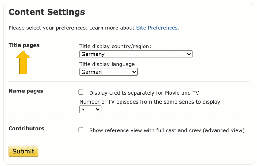 Example of IMDb Content settings