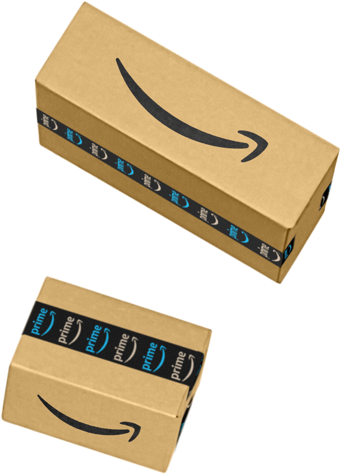 Two different sizes of Amazon packages that are ready to be shipped