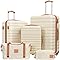 COOLIFE Suitcase Trolley Carry On Hand Cabin Luggage Hard Shell Travel Bag Lightweight with TSA Lock,The Suitcase Included 1pcs Travel Bag and 1pcs Toiletry Bag (White/Brown, 5 Piece Set)