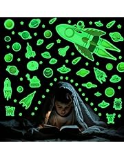 Glow in The Dark Stars Rocket Wall Decals, Luminous Kids Planets Sticker for Ceiling, Peel and Stick Space Wall Stickers for Bedroom