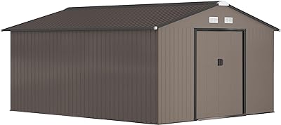 Outsunny 11' x 13' Outdoor Storage Shed, Garden Tool House with Foundation Kit, 4 Vents and 2 Easy Sliding Doors for Backyard, Patio, Garage, Lawn, Brown