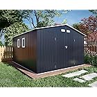 VanAcc 10x12x7.5 FT Outdoor Storage Shed, Galvanized Steel Metal Garden Sheds Kit with Double Lockable Door and 2 Light Transmitting Window, Oversized Tool Sheds for Backyard Patio Dark Grey/White