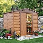 HAPPATIO 8x6' Outdoor Storage Shed, Wood Grain Galvanized Metal Shed with Double Sliding Doors, Foundation, Tool Storage Sheds for Garden, Patio, Backyard