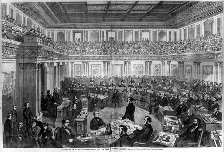The Senate as a court of impeachment for the trial of Andrew Johnson, which began in April 1868.