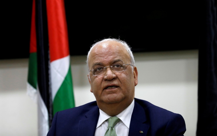 Image: Palestinian negotiator Saeb Erekat following a meeting with foreign diplomats, in Ramallah, in the Israeli-occupied West Bank