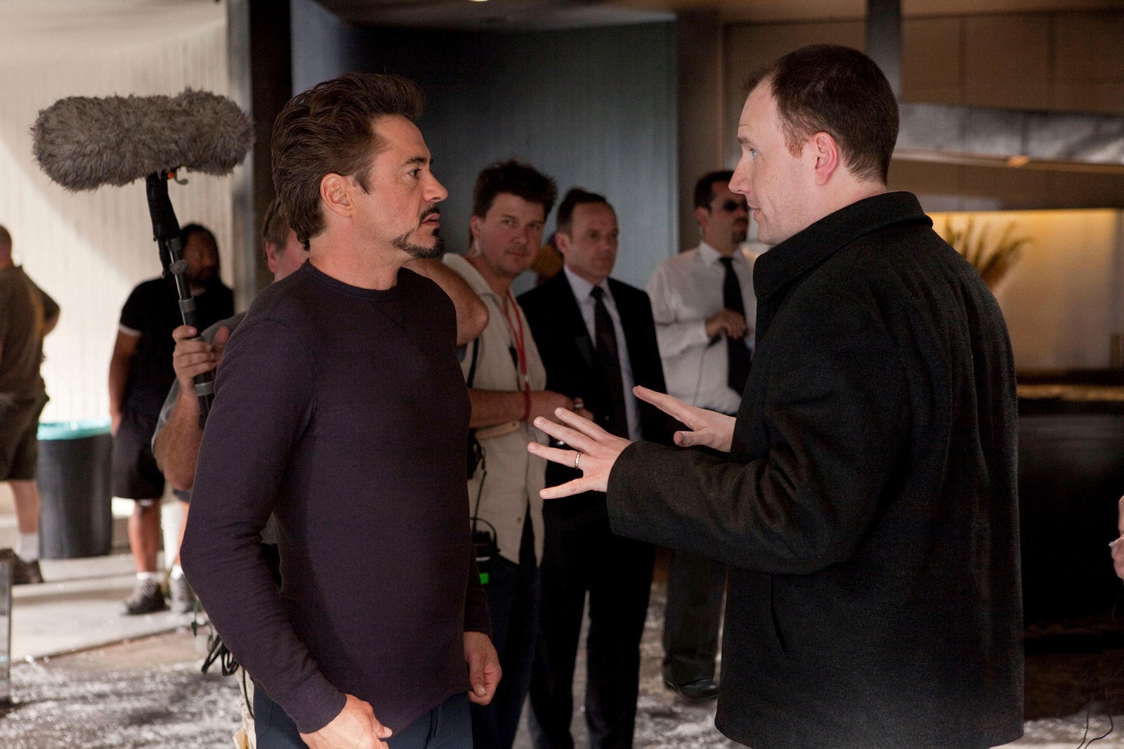 Robert Downey Jr. and producerMarvel president Kevin Feige on the set of Iron Man 2.