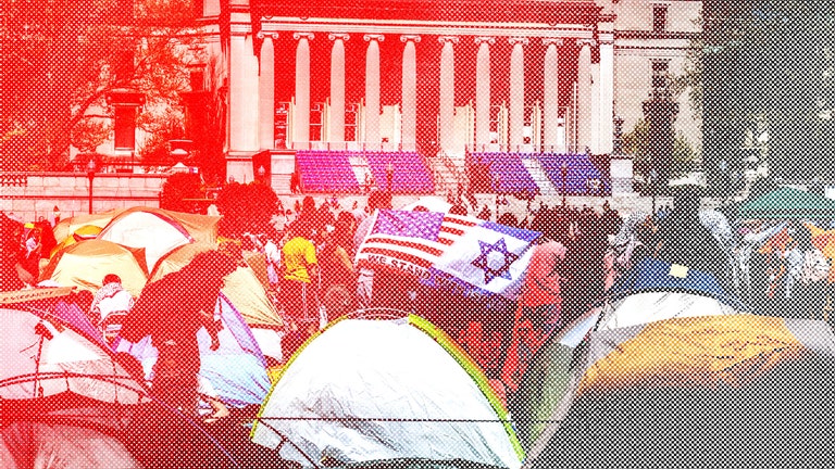 ProPalestine demonstrators at the student encampment in front of Low Library on Columbia University's campus a person in...