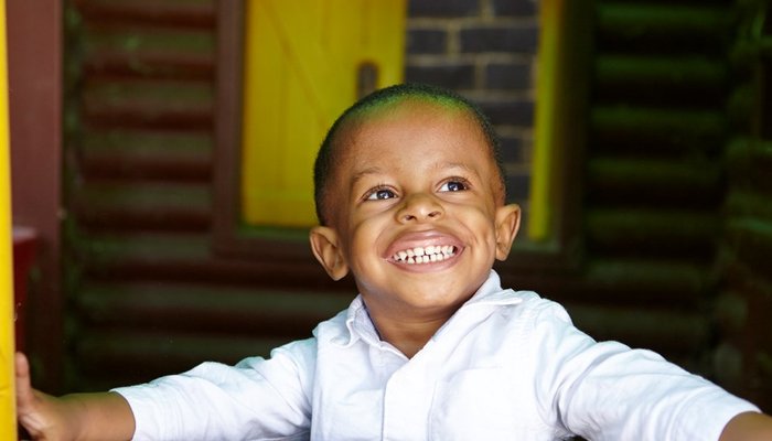 Happy young boy playing in wendy house