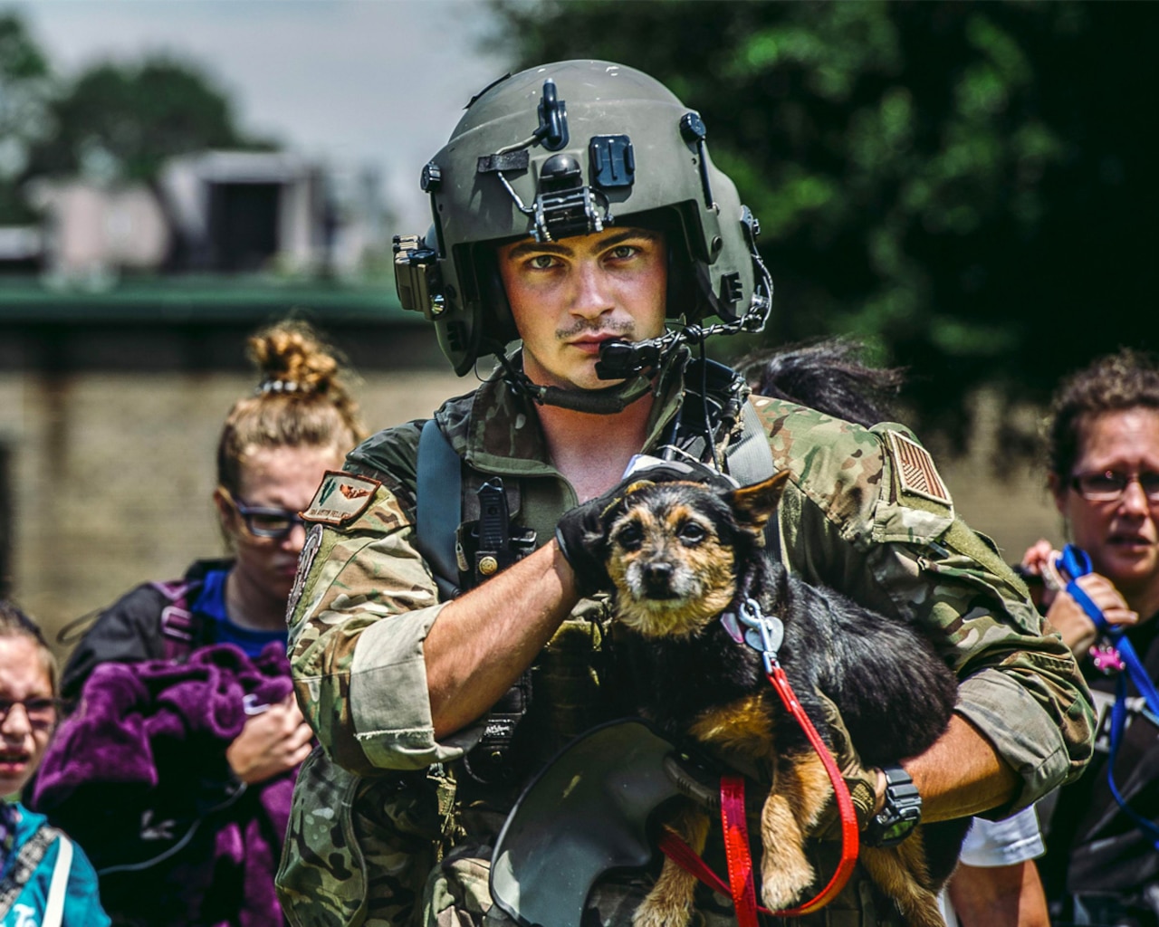 Air Force Airman carries a dog and leads a family to safety.