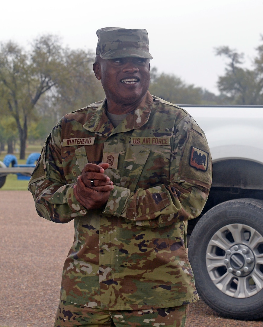 Senior Enlisted Advisor Tony L. Whitehead, the senior enlisted advisor for the chief, National Guard Bureau, speaks with Texas Army National Guardsmen assigned to Operation Lone Star in Harlingen, Texas, Nov. 23, 2022. Whitehead visited troops along the Texas-Mexico border over the Thanksgiving holiday.