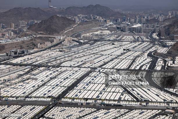 An aerial view shows the hajj pilgrims' camp in Mina near Saudi Arabia's holy city of Mecca on June 17, 2024. Saudi Arabia on June 17 warned of a...