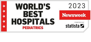 Red, black and white log with the words "World's best hospitals pediatrics 2023. Newsweek" With red and white stars down the left hand side.