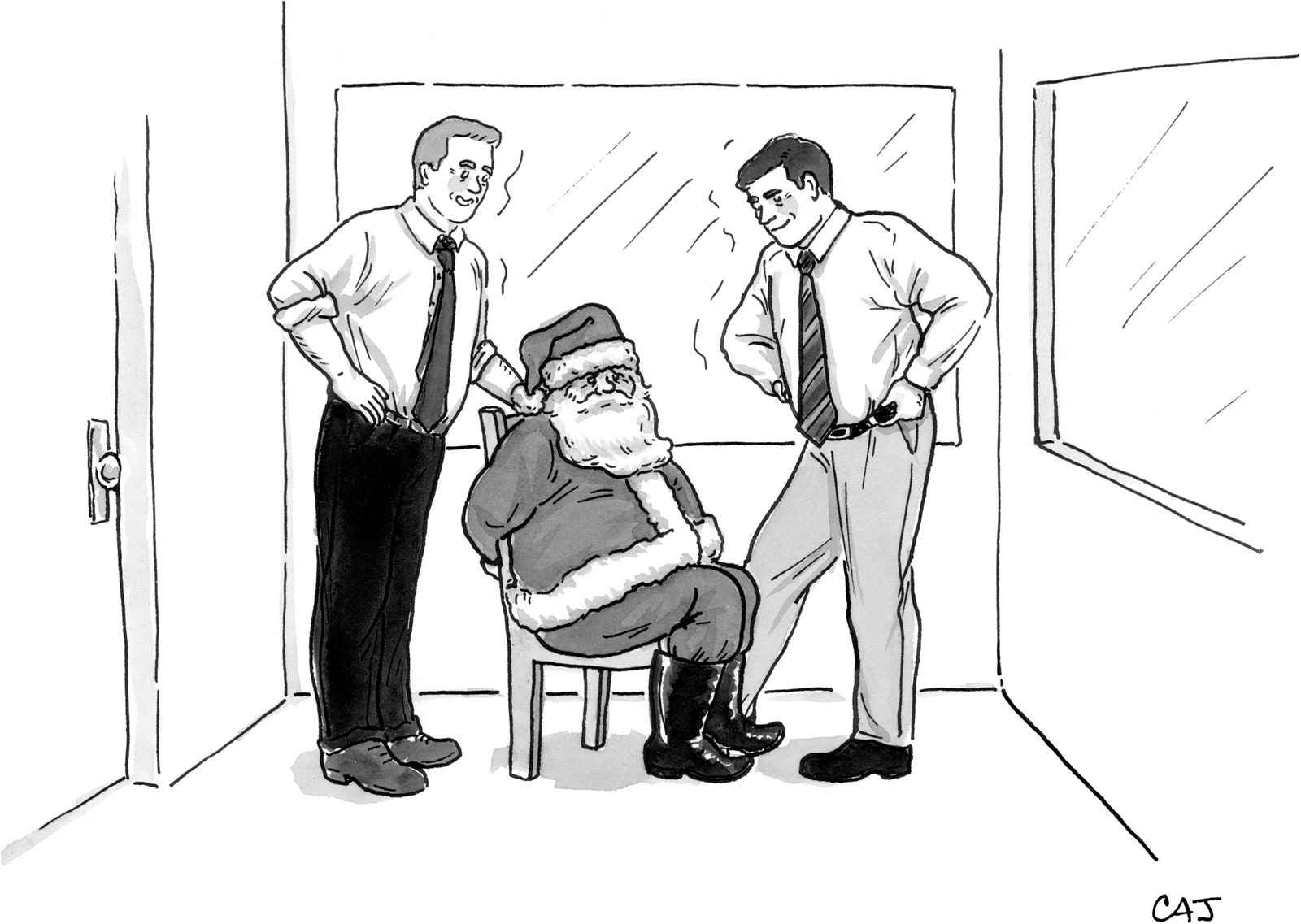 In a room with two mirror windows two police officers interrogate Santa Claus who is tied to chair.