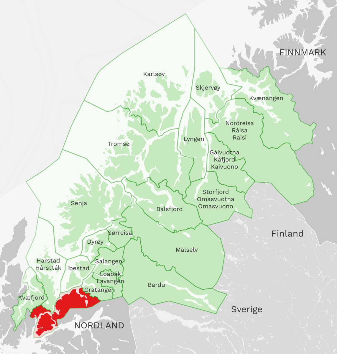 Kart: Tjeldsund kommune i Troms