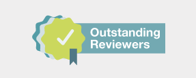 A graphic of a rosette with a tick mark in the middle of it. Next to the graphic are the words: Outstanding Reviewers