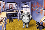 A vintage rec-room with hobby equipment. Its floor is animated gold glitter. Posed within it is a male human figure whose head has been replaced with a money-bag.