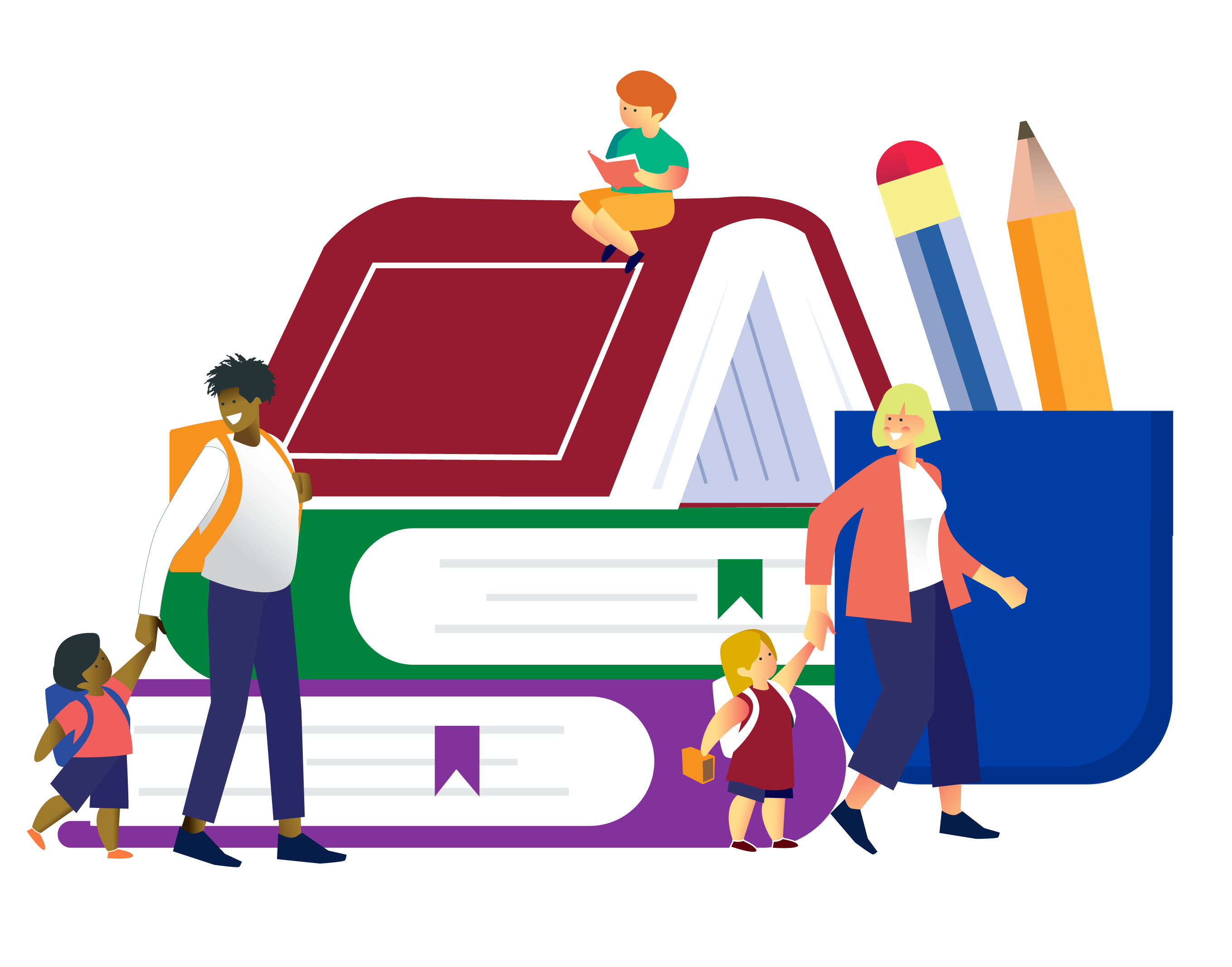 Back to School illustration of students and teachers climbing on books