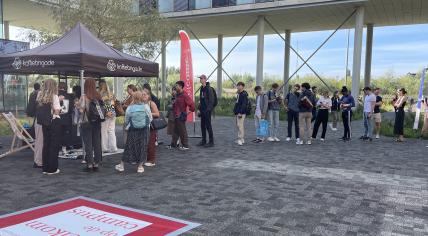 Students line up for coffee at the Koffiebrigade stand set up on the first day of the academic year at the University of Amsterdam’s Science Park campus, 4 September 2023