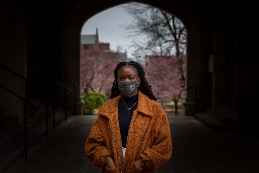 Nana Kusi, a junior at Washington University, quit her sorority last year during a wave of deactivations from Greek life at the school. She's photographed on campus on March 16, 2021.