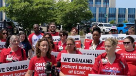 New York State Nurses Association member Crystal Knihinicki addresses the media outside Erie County Medical Center