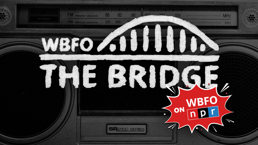 "WBFO The Bridge" logo on "WBFO NPR" logo over an image of a boombox