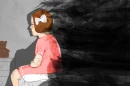 An illustration of a small girl in a pink dress being consumed by darkness.