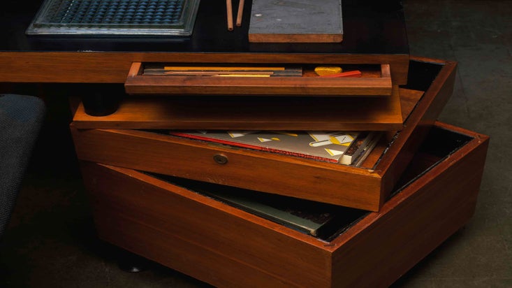 Detail of the pivoting drawers on the desk in the Studio at 2 Willow Road.