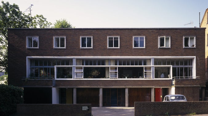 Exterior of modernist house designed by Erno Goldfinger as viewed from the street during daytime