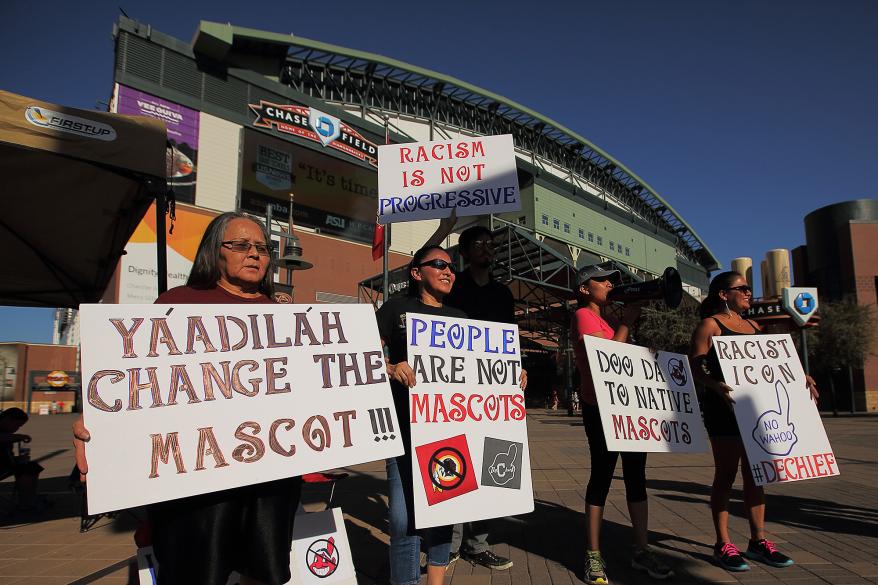 Protestors were seen protesting the use of the Chief Wahoo mascot by the Cleveland Indians Major League Baseball team.